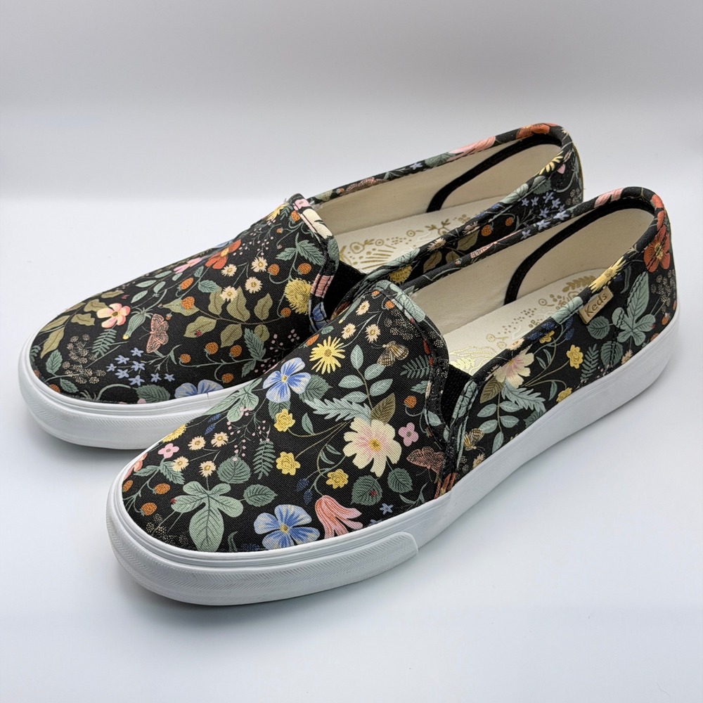 Keds x Rifle Paper Co Double Decker Strawberry Fields Black Floral Slip On Sz 11